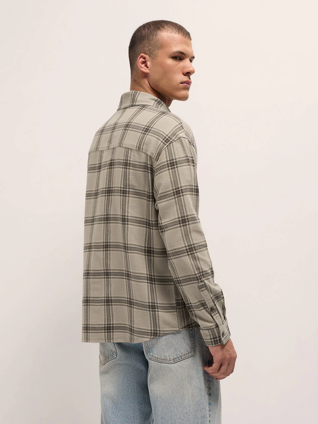 Men Beige Woven Checked Design Relaxed Fit Overshirt - Image 2
