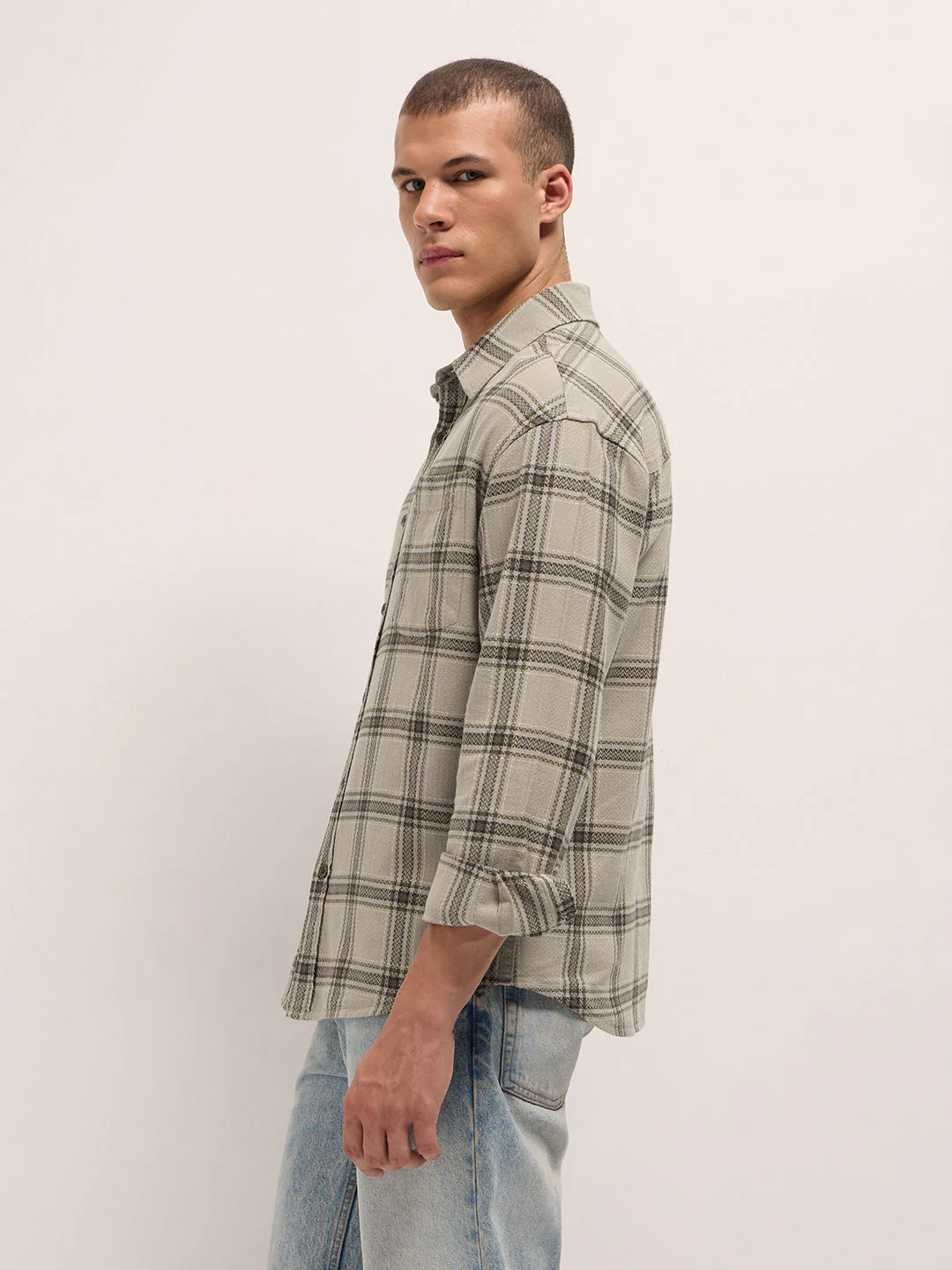 Men Beige Woven Checked Design Relaxed Fit Overshirt - Image 3