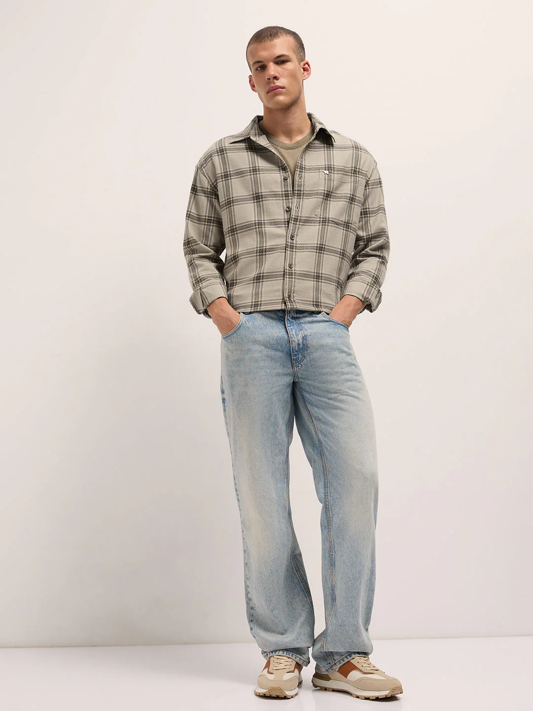Men Beige Woven Checked Design Relaxed Fit Overshirt - Image 4