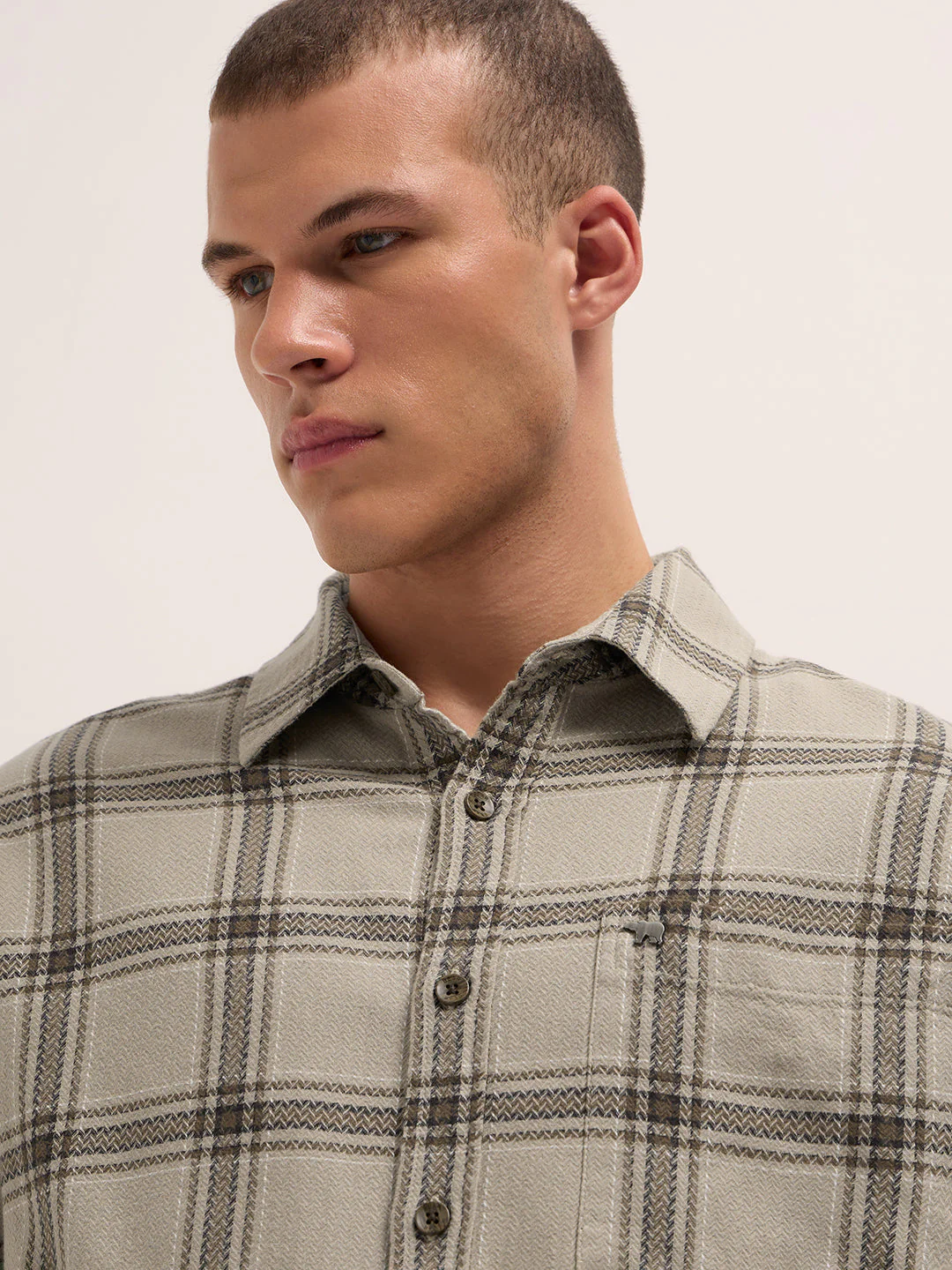 Men Beige Woven Checked Design Relaxed Fit Overshirt - Image 5