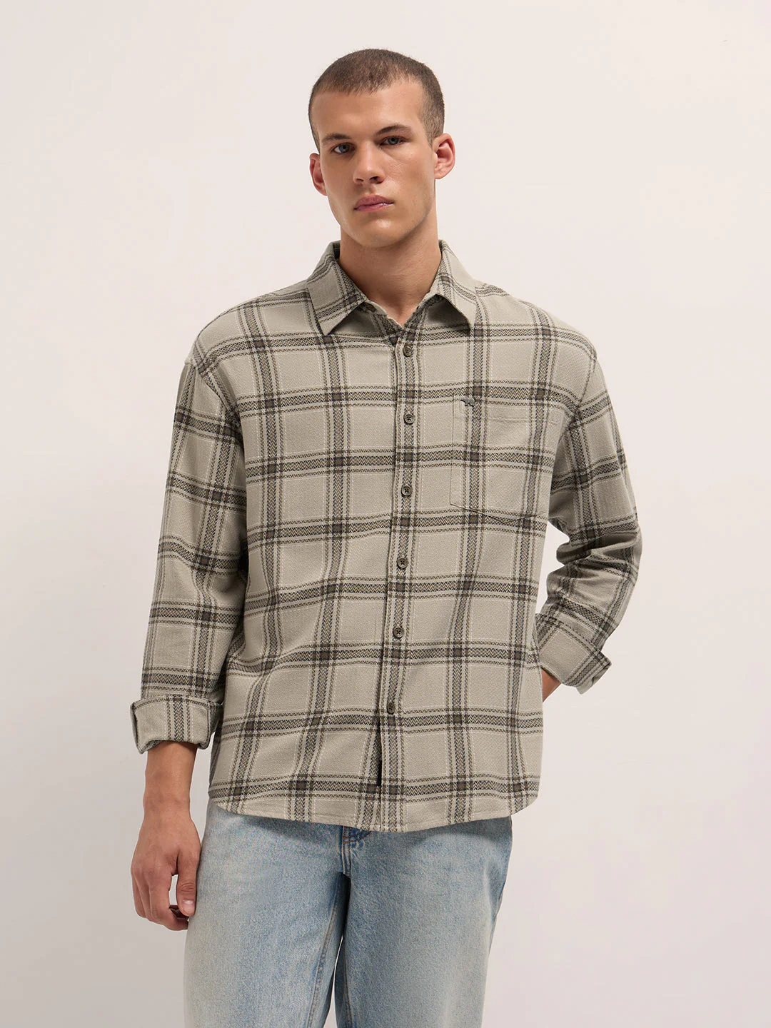 Men Beige Woven Checked Design Relaxed Fit Overshirt - Image 6