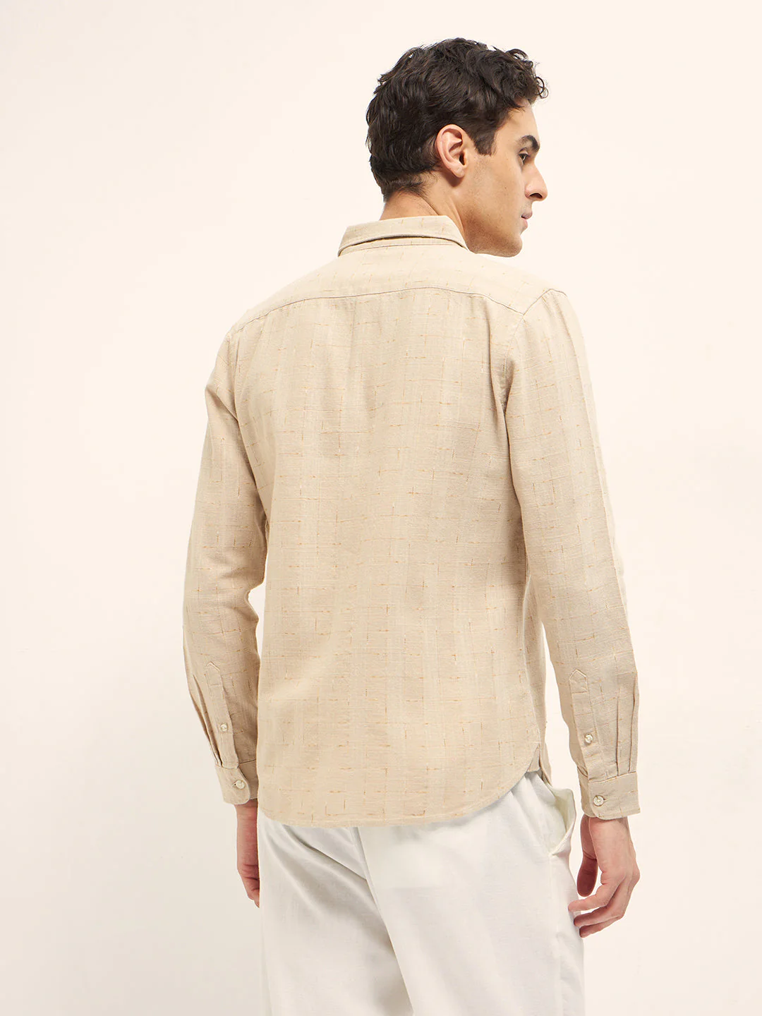 Men Beige Woven Checked Design Slim Fit Casual Shirt - Image 2