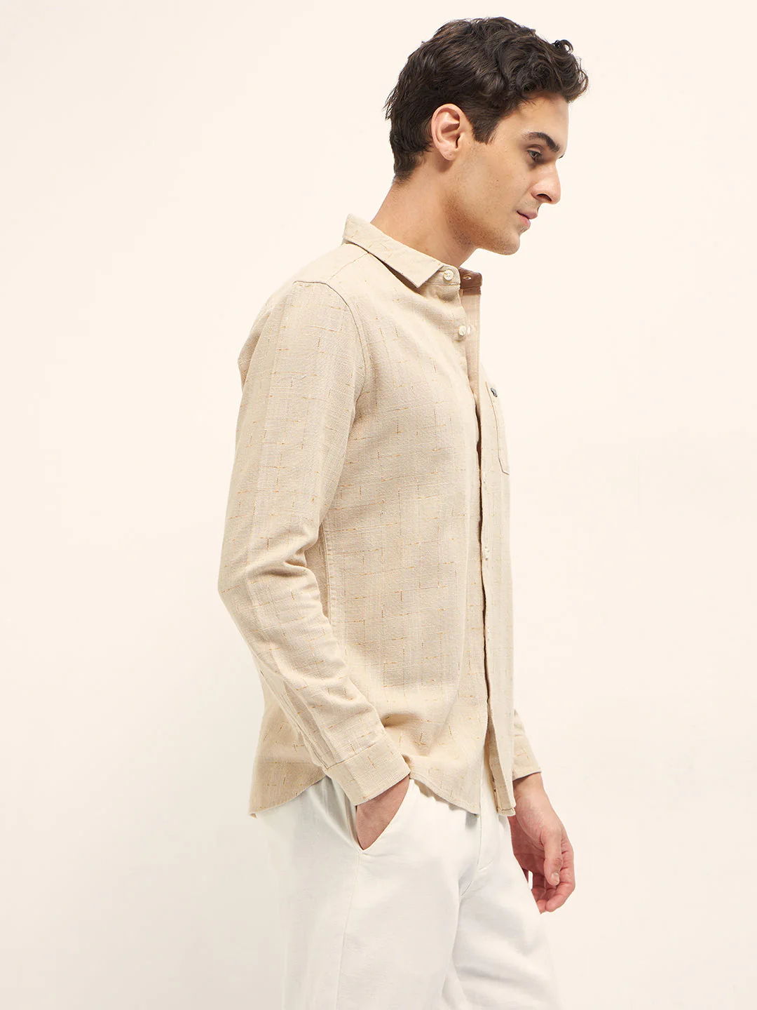 Men Beige Woven Checked Design Slim Fit Casual Shirt - Image 3