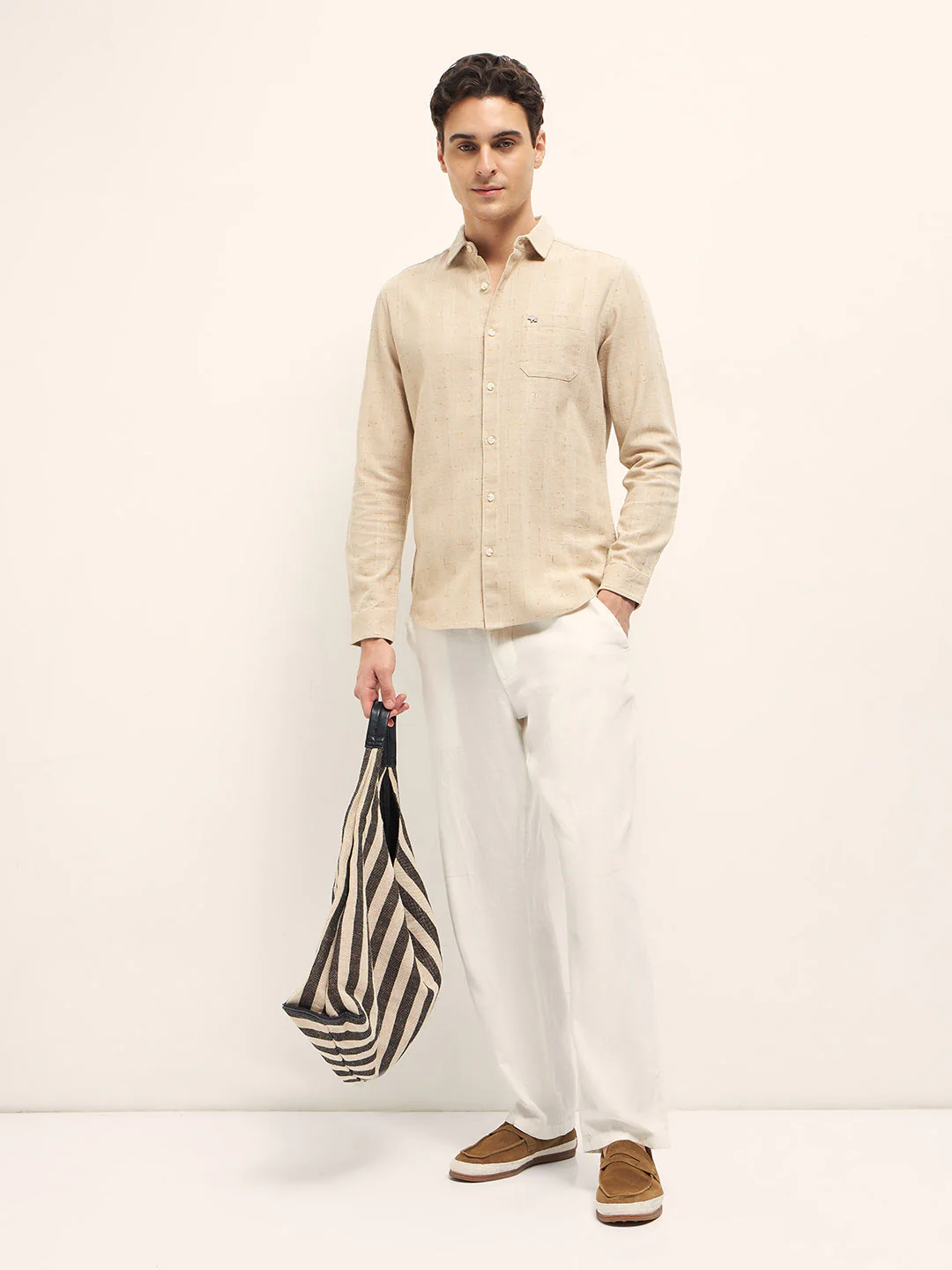 Men Beige Woven Checked Design Slim Fit Casual Shirt - Image 4
