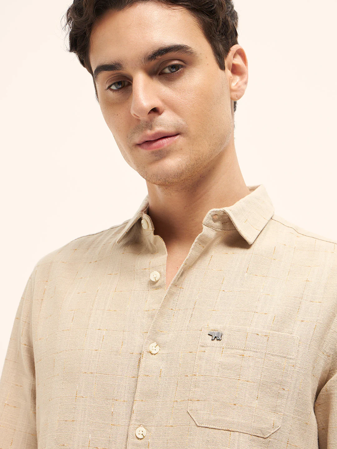 Men Beige Woven Checked Design Slim Fit Casual Shirt - Image 5