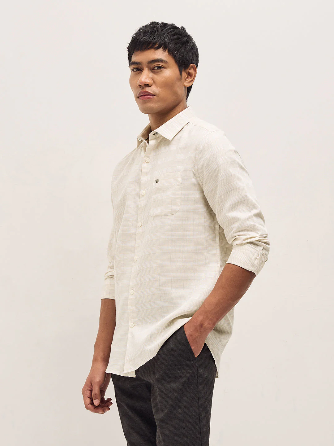 Men Beige Woven Checked Design Tailored Fit Formal Shirt - Image 3