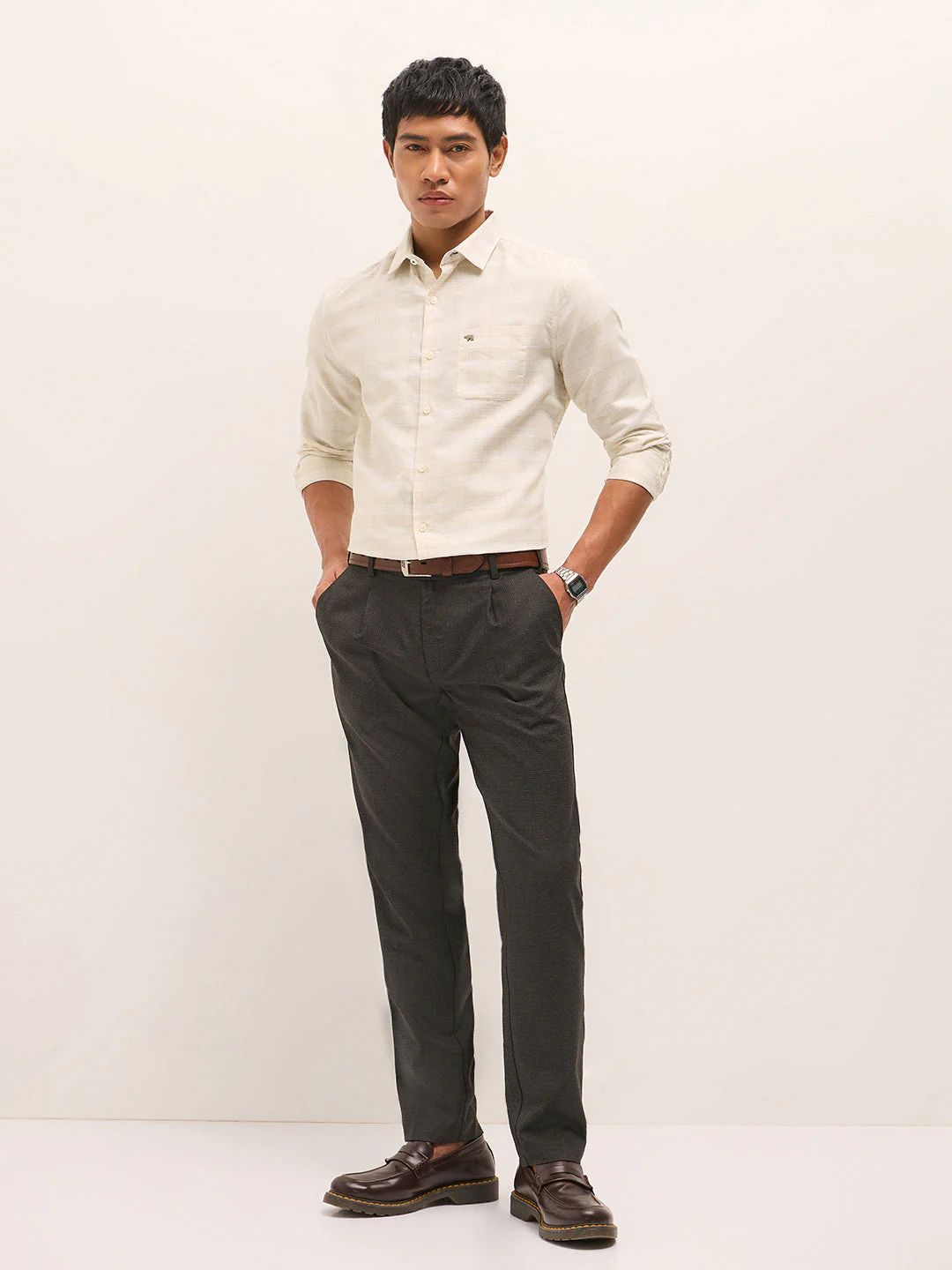 Men Beige Woven Checked Design Tailored Fit Formal Shirt - Image 4