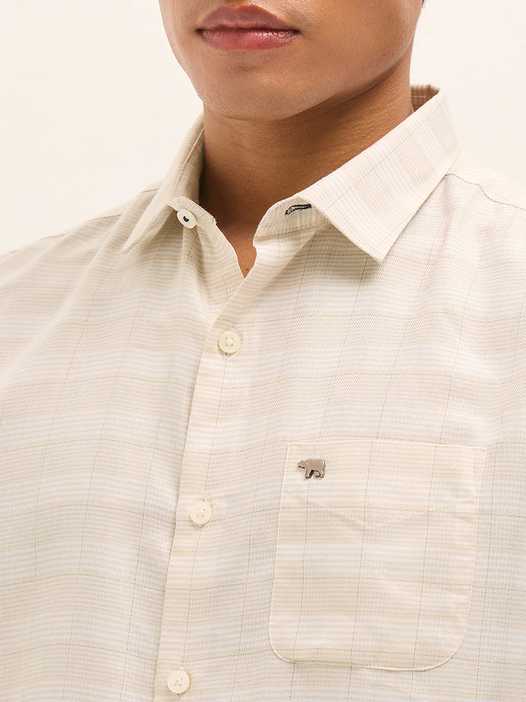 Men Beige Woven Checked Design Tailored Fit Formal Shirt - Image 5