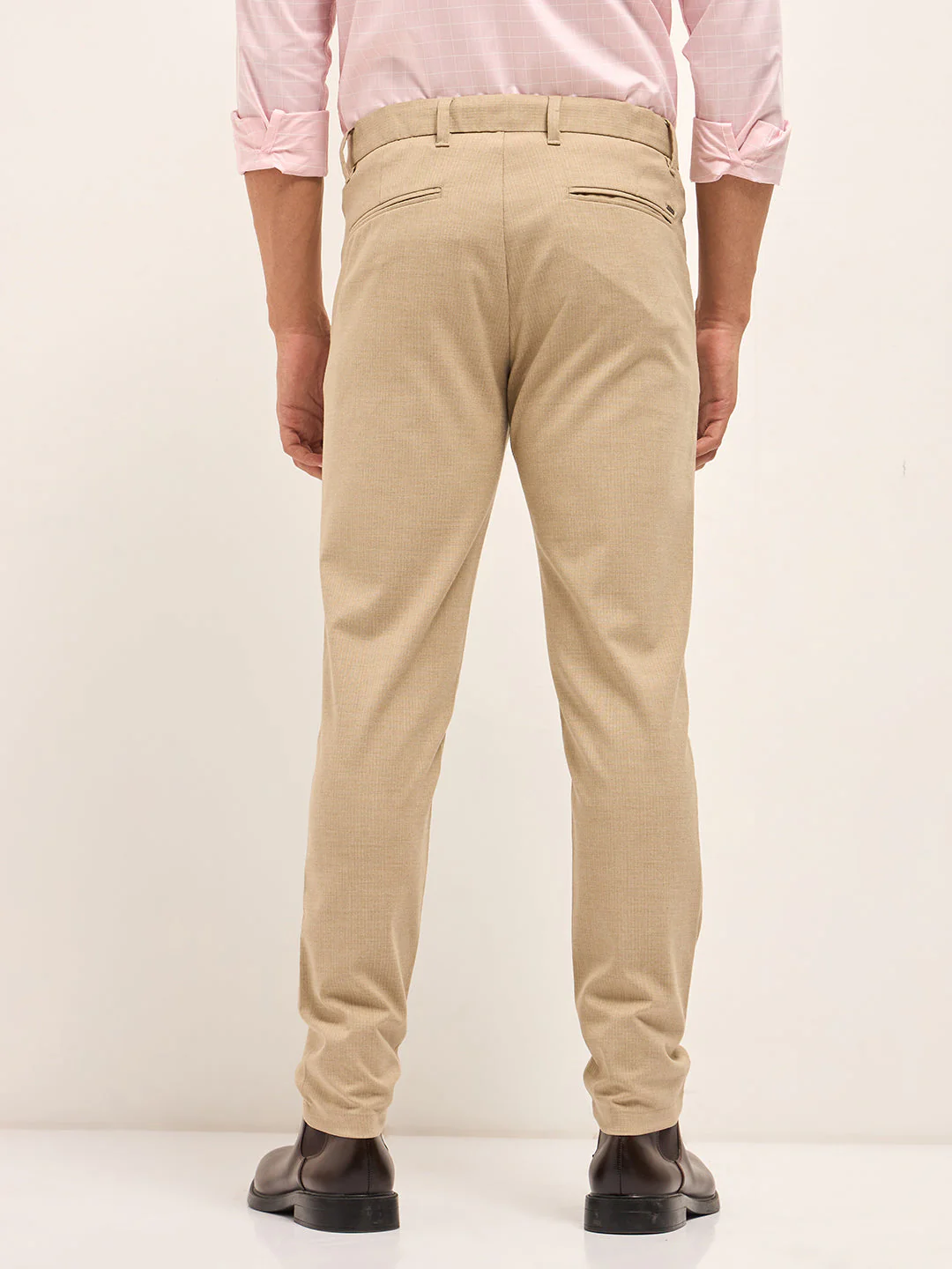 Men Beige Woven Pinstripe Slim Fit Formal Trousers - Image 2