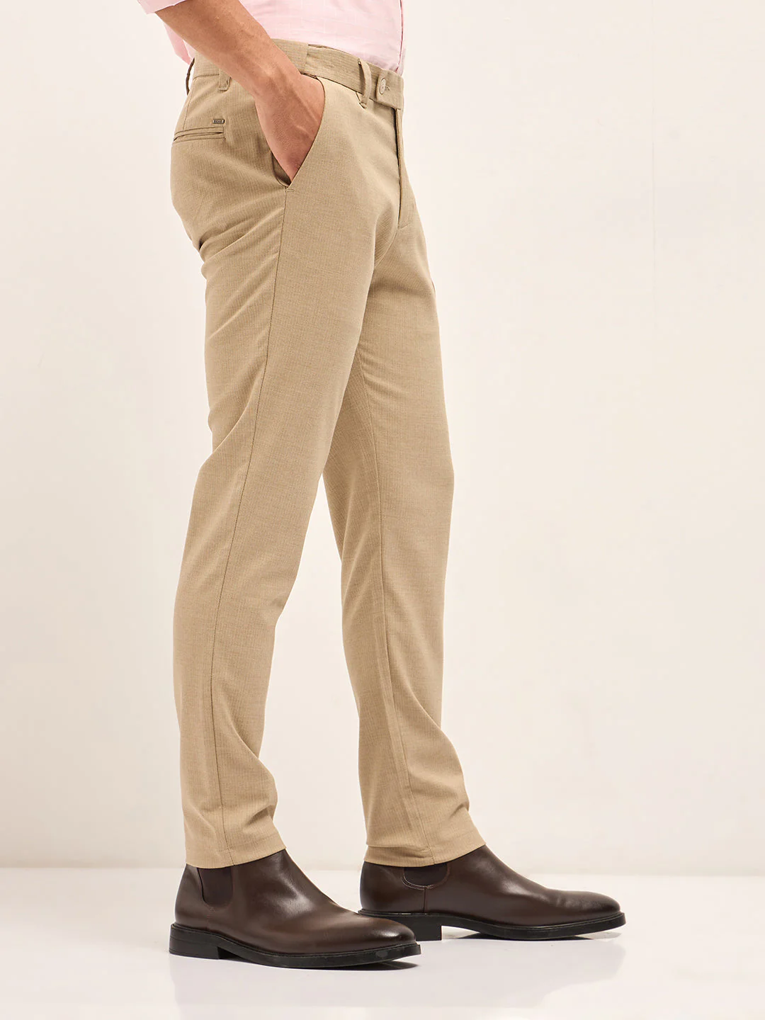 Men Beige Woven Pinstripe Slim Fit Formal Trousers - Image 3