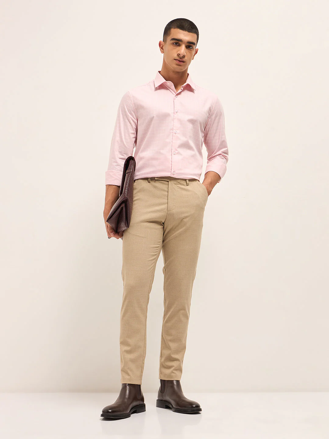 Men Beige Woven Pinstripe Slim Fit Formal Trousers - Image 4