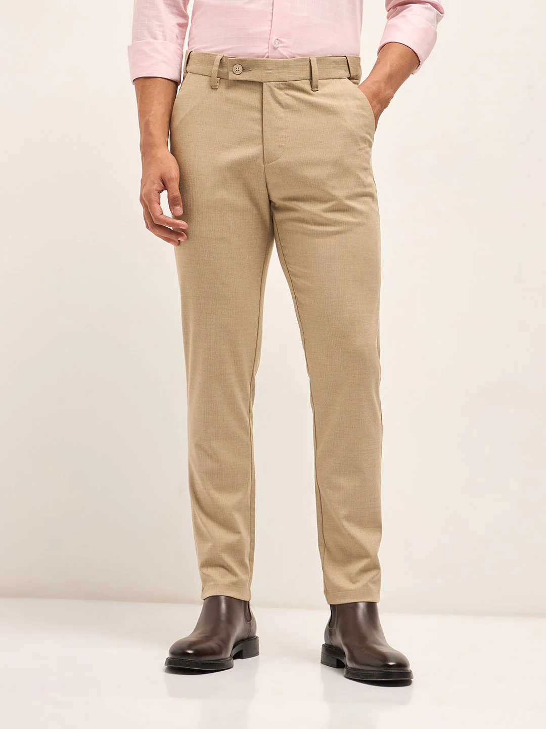 Men Beige Woven Pinstripe Slim Fit Formal Trousers - Image 7