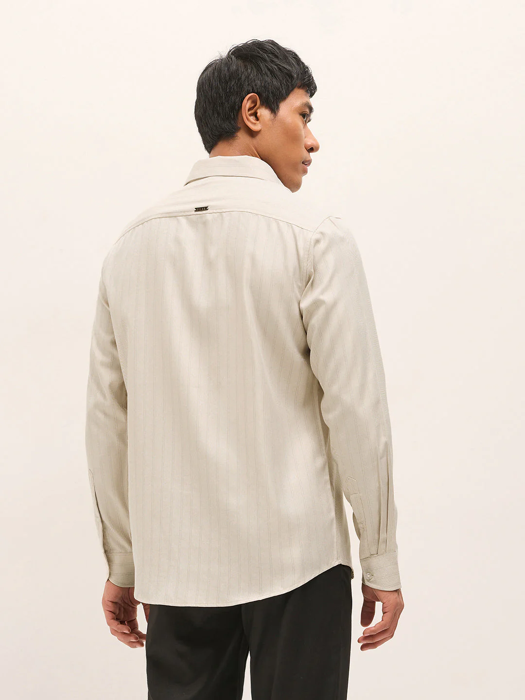 Men Beige Woven Stripe Pattern Tailored Fit Formal Shirt - Image 2