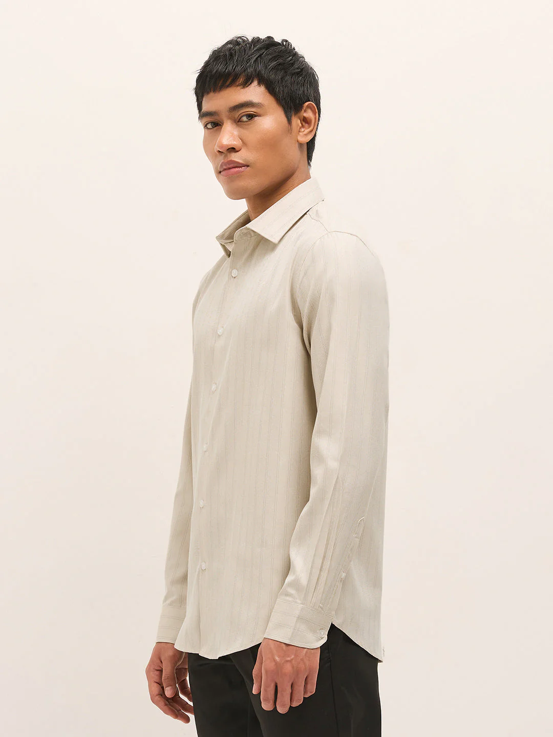 Men Beige Woven Stripe Pattern Tailored Fit Formal Shirt - Image 3