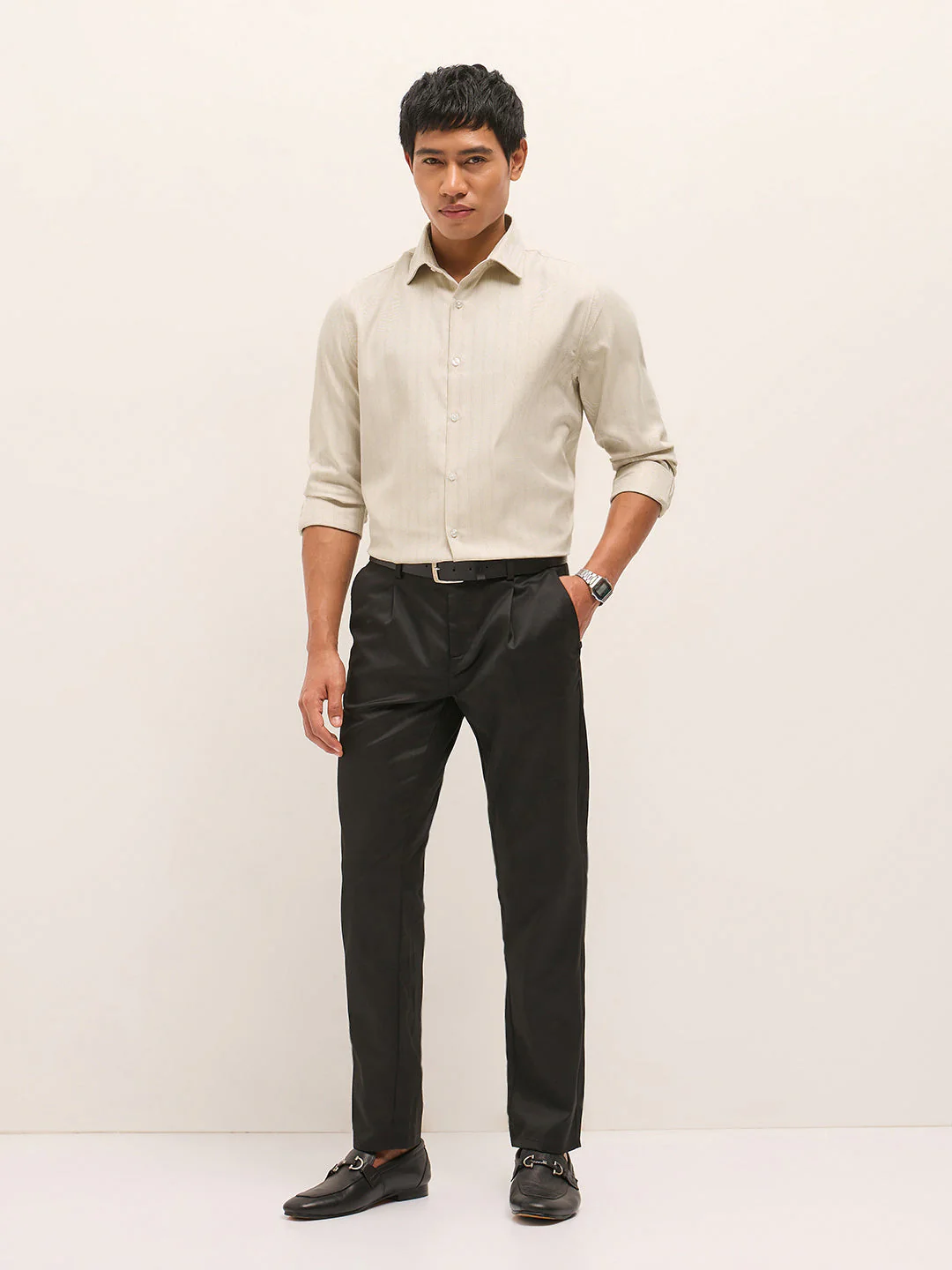 Men Beige Woven Stripe Pattern Tailored Fit Formal Shirt - Image 4