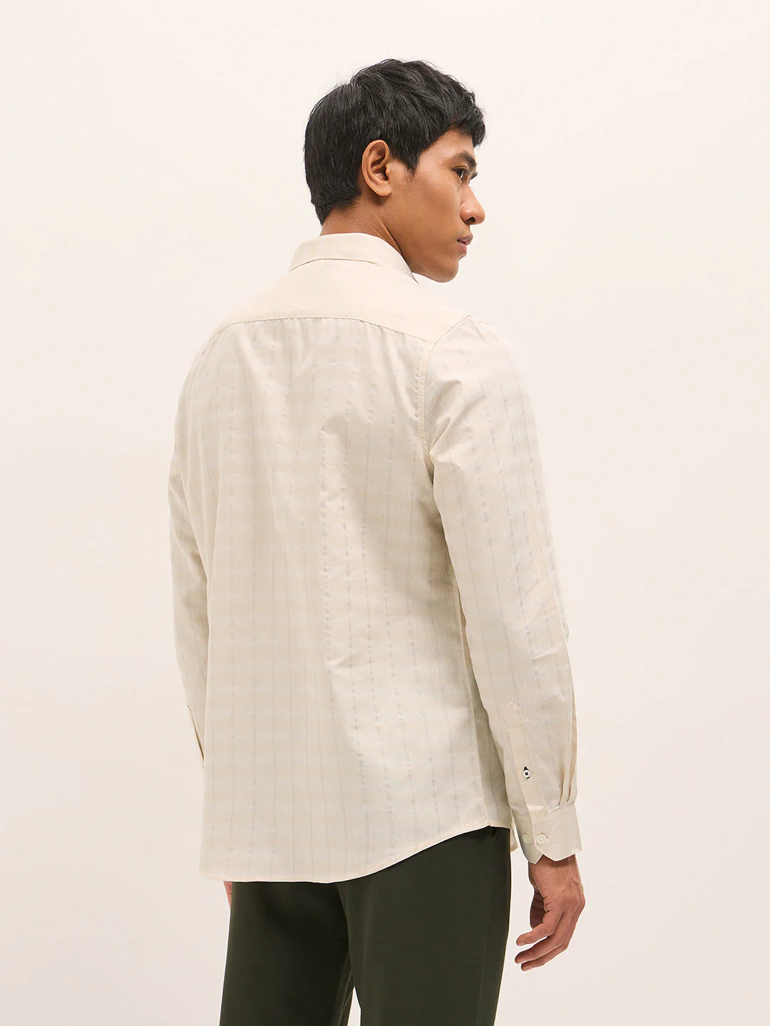 Men Beige Woven Stripe Tailored Fit Formal Shirt - Image 2