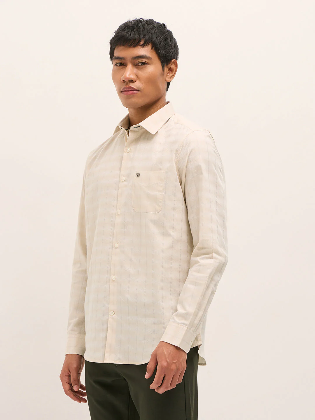 Men Beige Woven Stripe Tailored Fit Formal Shirt - Image 3