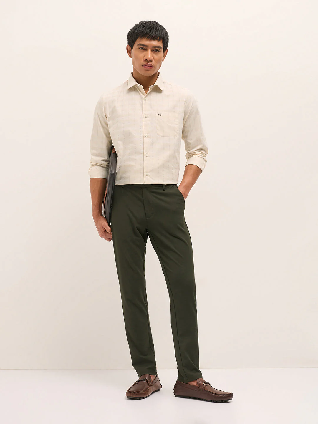 Men Beige Woven Stripe Tailored Fit Formal Shirt - Image 4