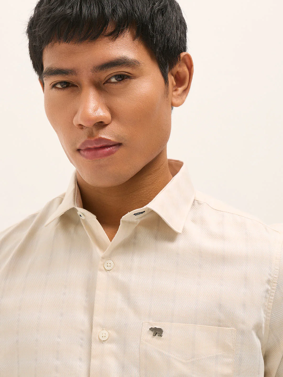 Men Beige Woven Stripe Tailored Fit Formal Shirt - Image 5