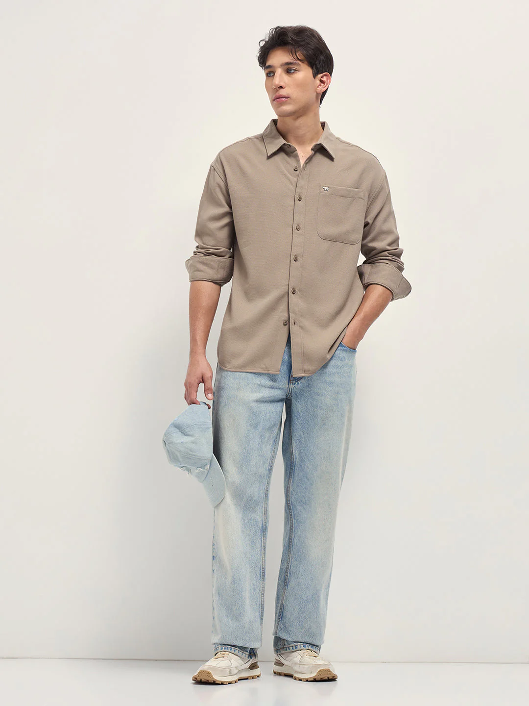 Men Beige Woven Textured Relaxed Fit Casual Shirt - Image 4