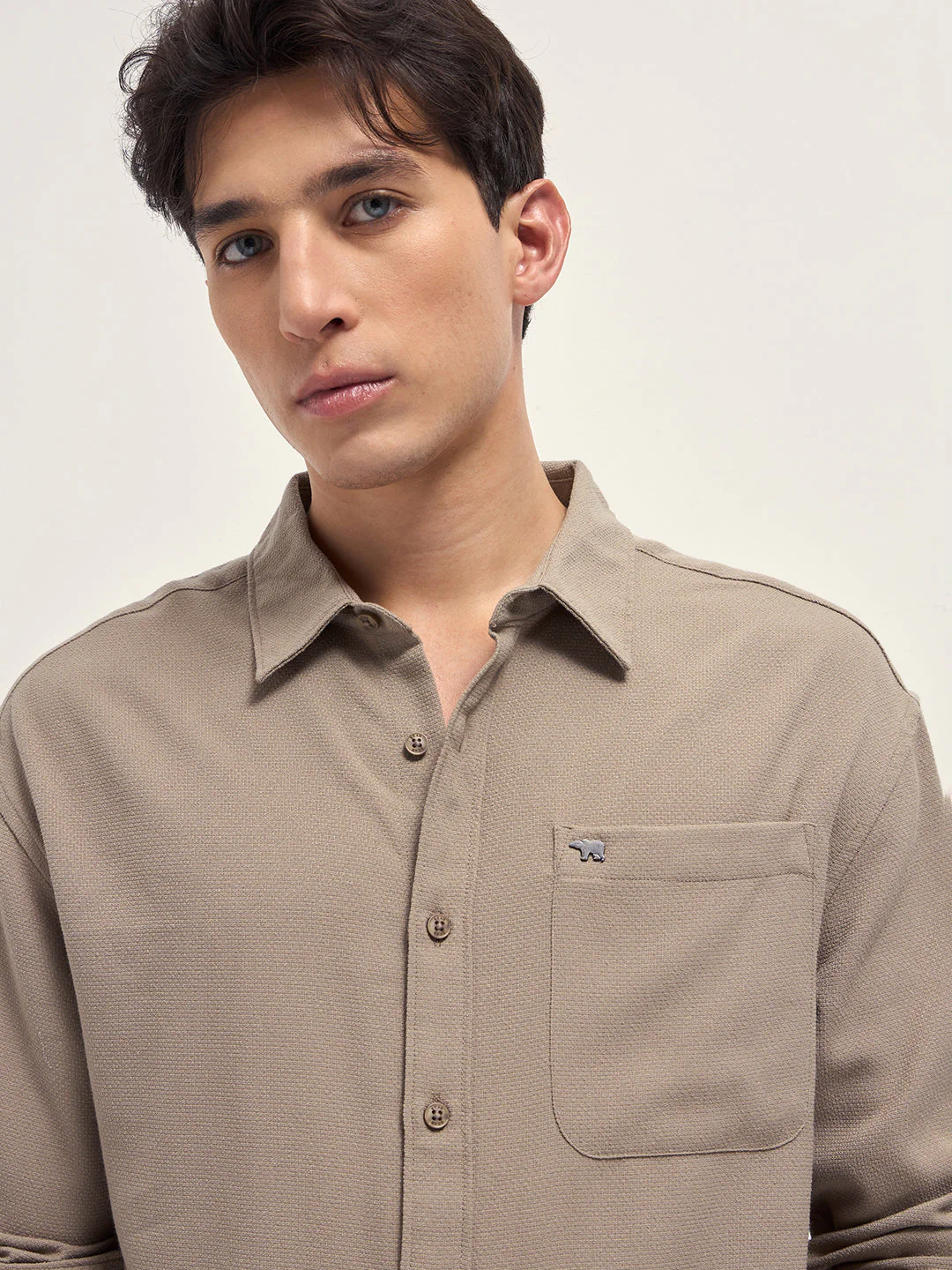 Men Beige Woven Textured Relaxed Fit Casual Shirt - Image 5