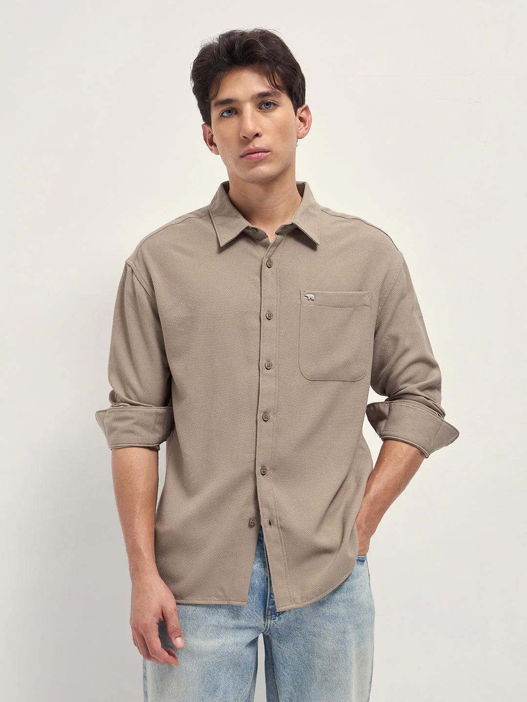 Men Beige Woven Textured Relaxed Fit Casual Shirt - Image 6