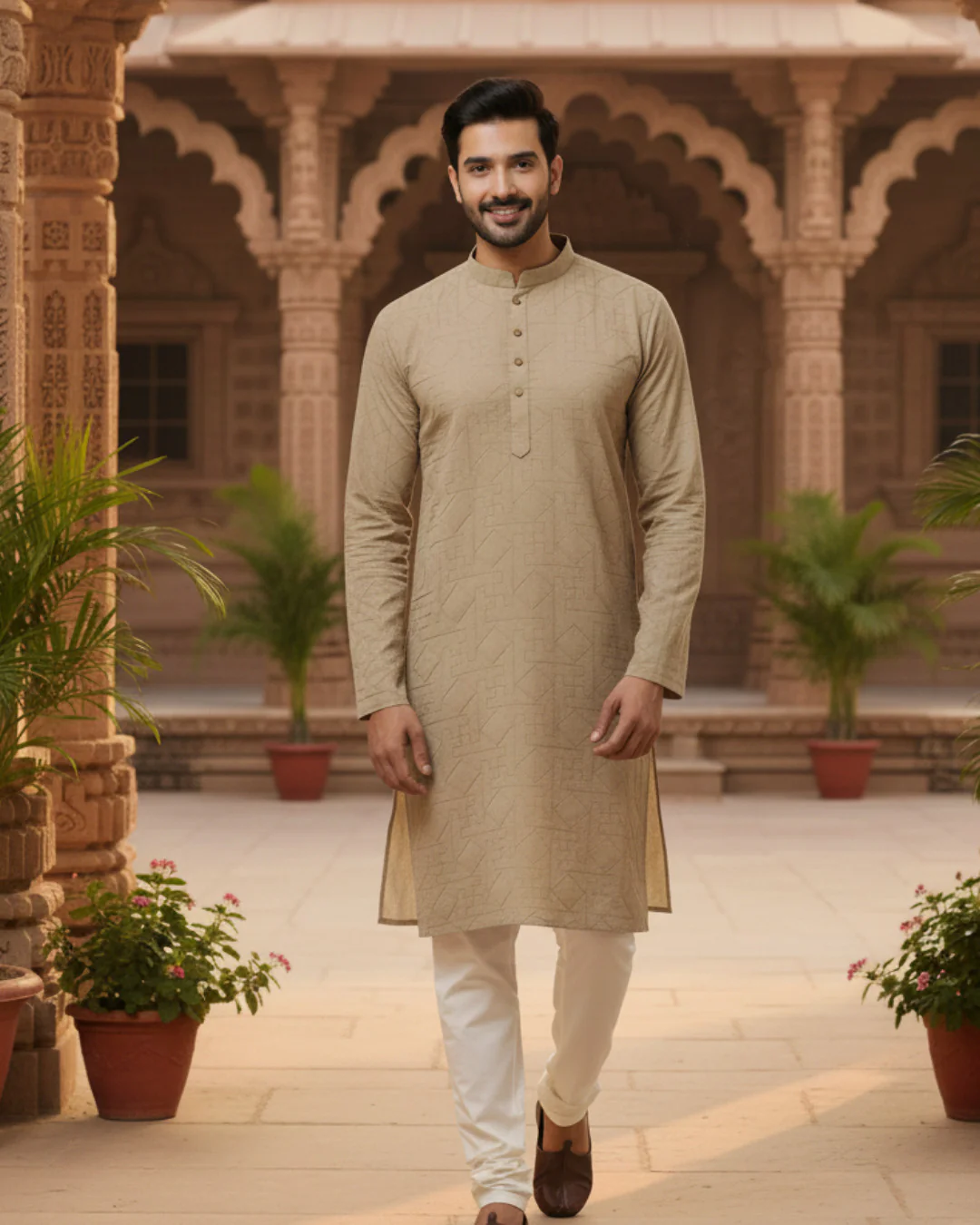 Men Beige Zig Zag Embroidered Kurta - Image 2