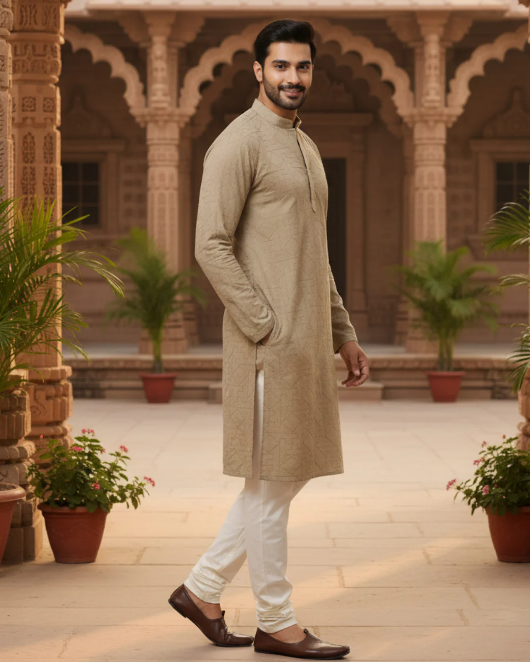Men Beige Zig Zag Embroidered Kurta - Image 3