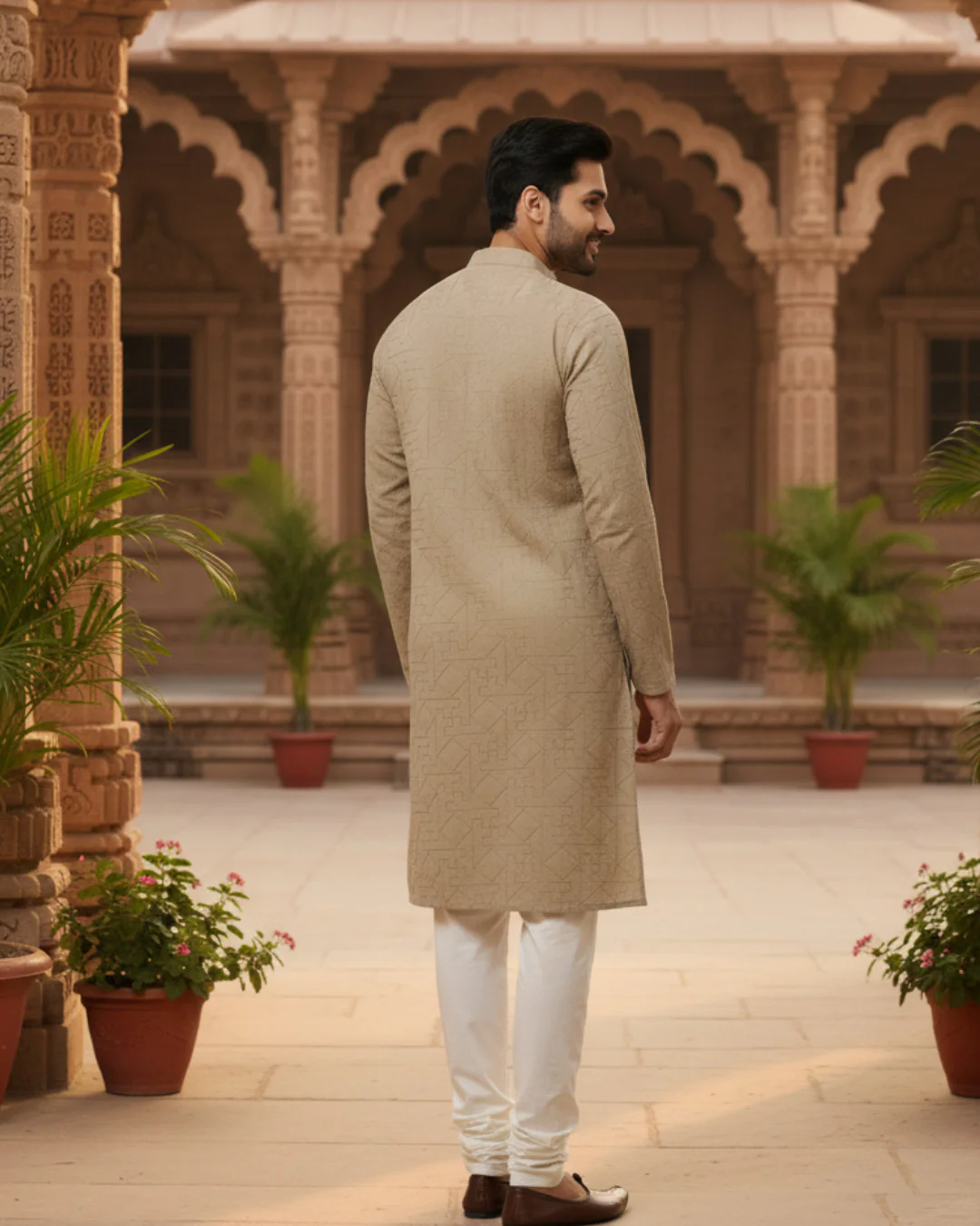 Men Beige Zig Zag Embroidered Kurta - Image 4