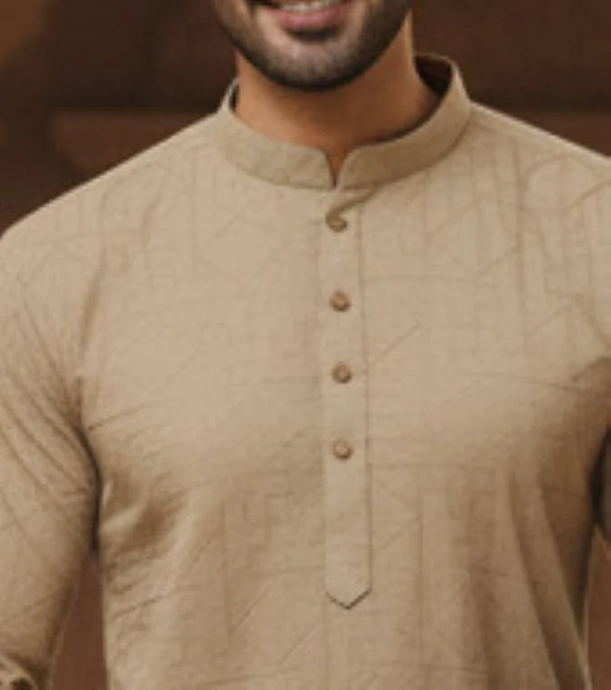 Men Beige Zig Zag Embroidered Kurta - Image 5