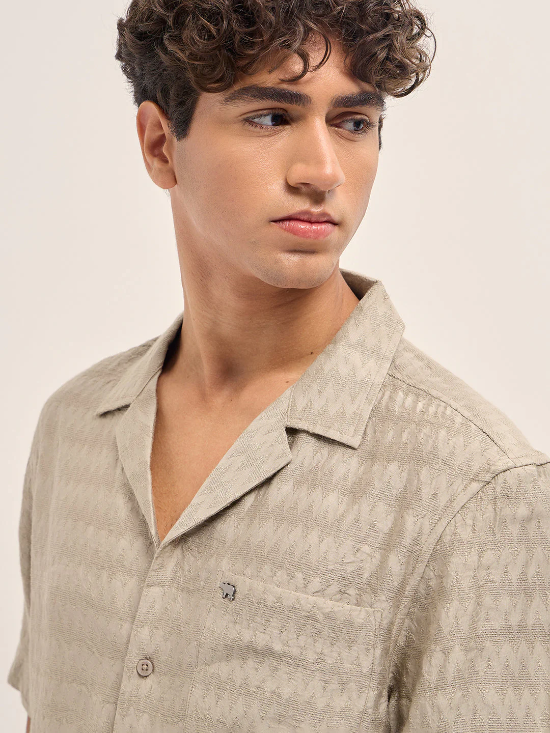 Men Beige Zigzag Textured Weave Relaxed Fit Half Sleeve Casual Shirt - Image 5