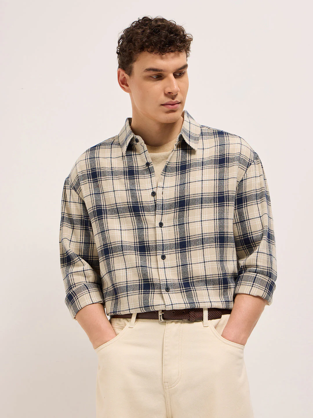 Men BeigeBlue Tartan Check Relaxed Fit Shacket
