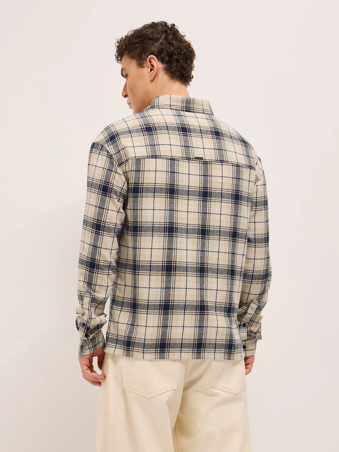 Men BeigeBlue Tartan Check Relaxed Fit Shacket - Image 2