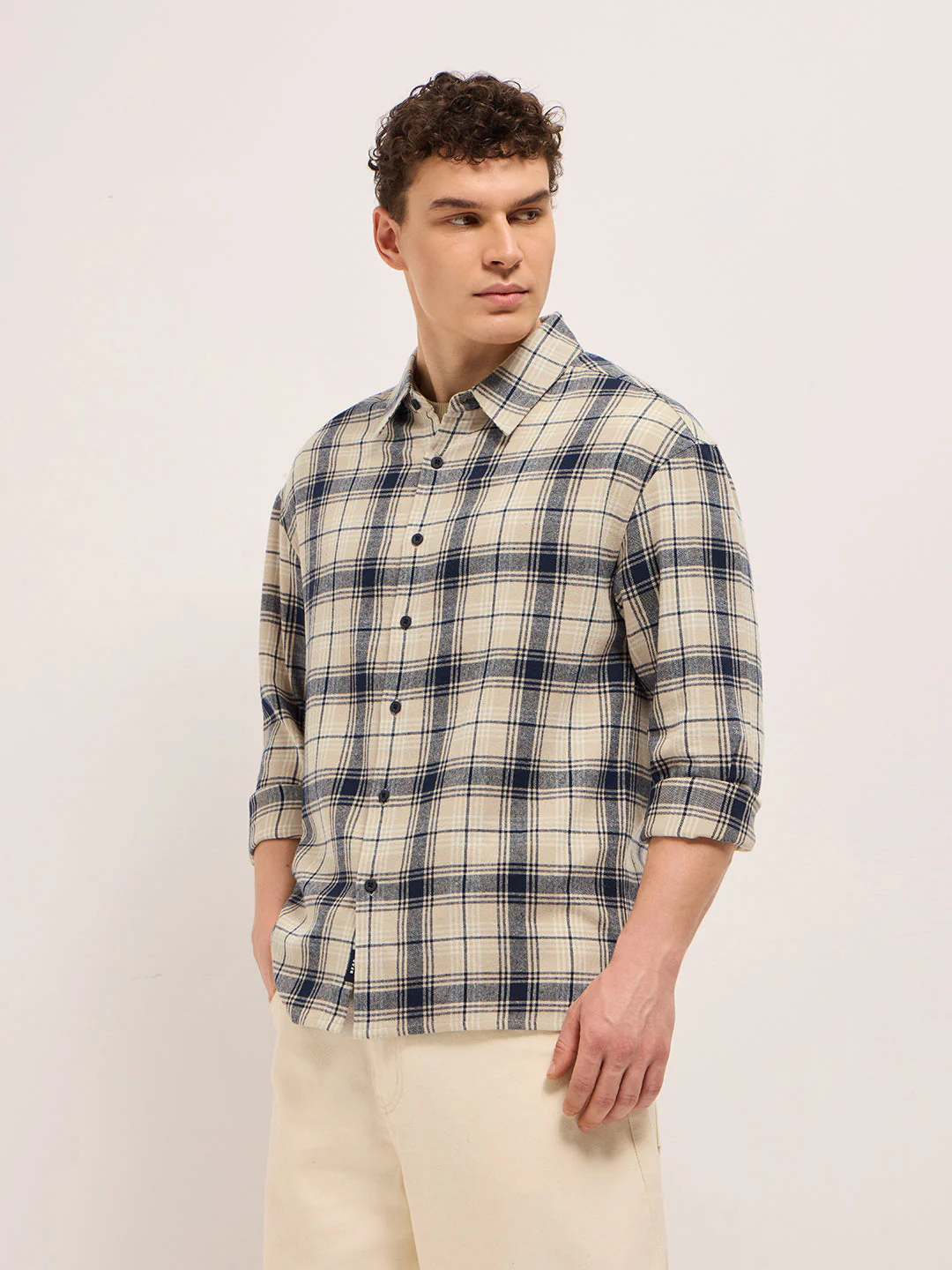 Men BeigeBlue Tartan Check Relaxed Fit Shacket - Image 3