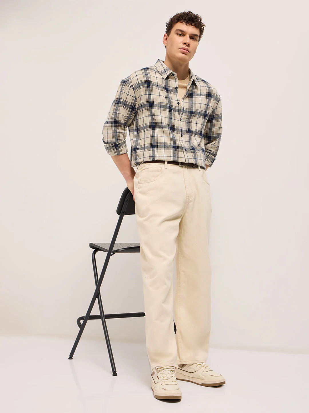 Men BeigeBlue Tartan Check Relaxed Fit Shacket - Image 4