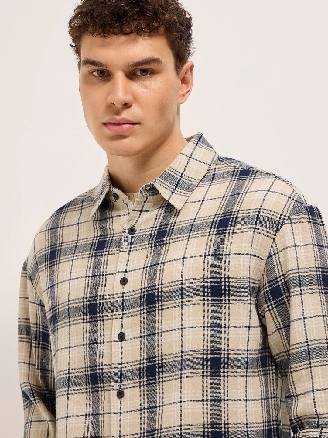 Men BeigeBlue Tartan Check Relaxed Fit Shacket - Image 5