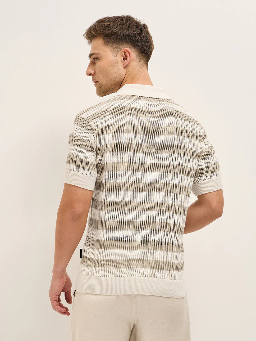 Men BeigeCream Horizontal Textured stripes Regular Fit Polo - Image 2