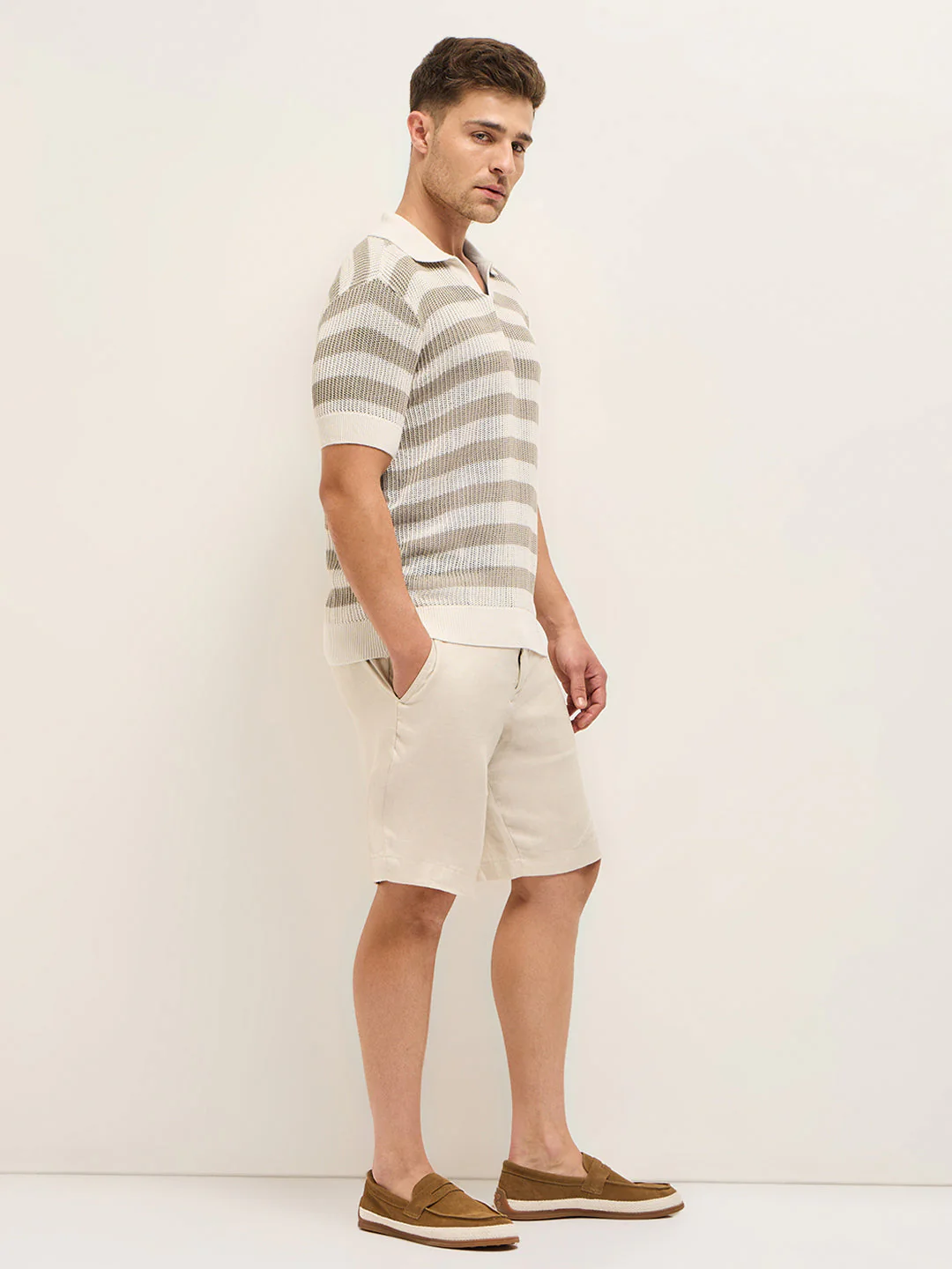 Men BeigeCream Horizontal Textured stripes Regular Fit Polo - Image 3