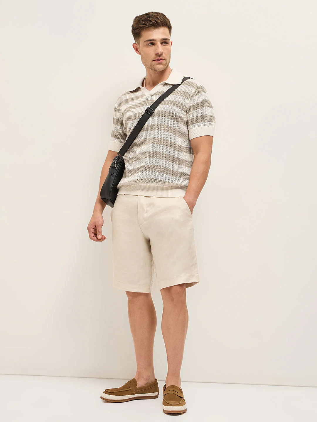 Men BeigeCream Horizontal Textured stripes Regular Fit Polo - Image 4
