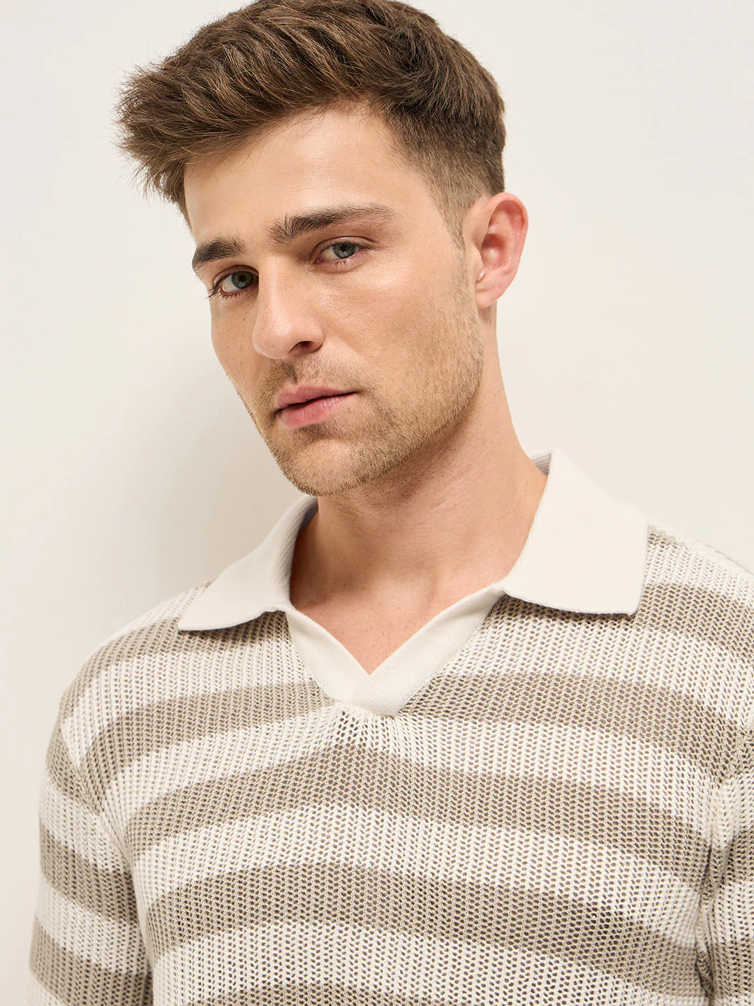 Men BeigeCream Horizontal Textured stripes Regular Fit Polo - Image 5