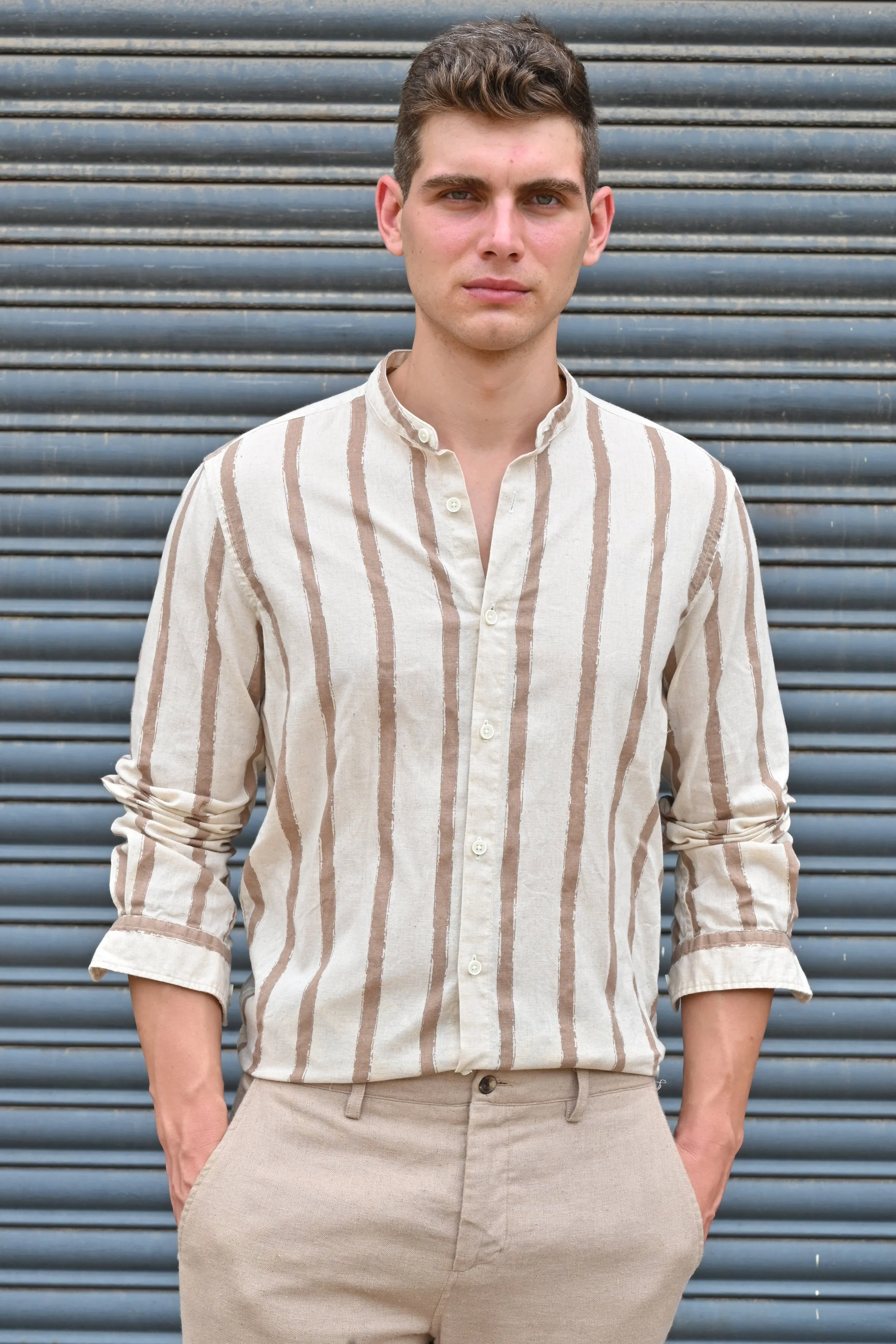 Men Billie Mao Collar Shirt Brown - Image 2