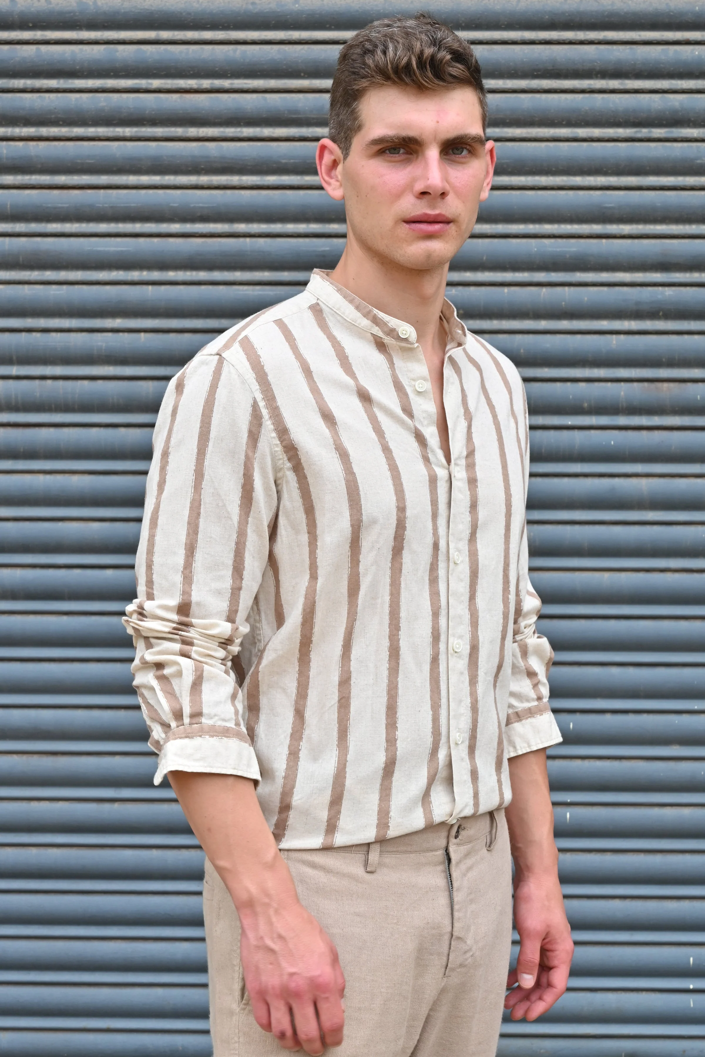 Men Billie Mao Collar Shirt Brown - Image 3
