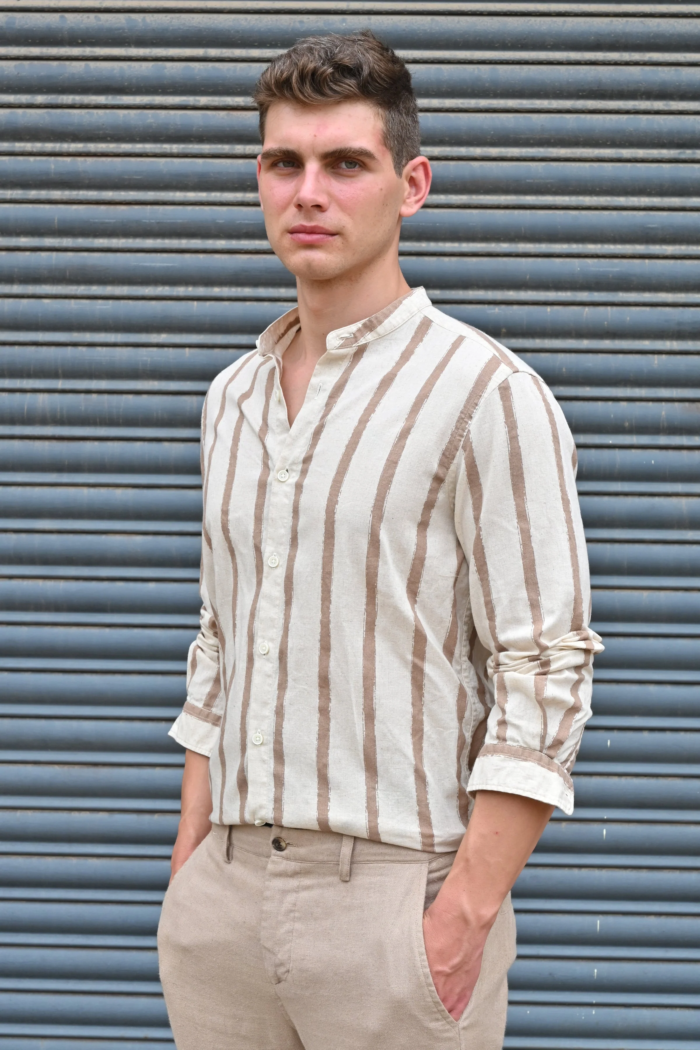 Men Billie Mao Collar Shirt Brown - Image 4