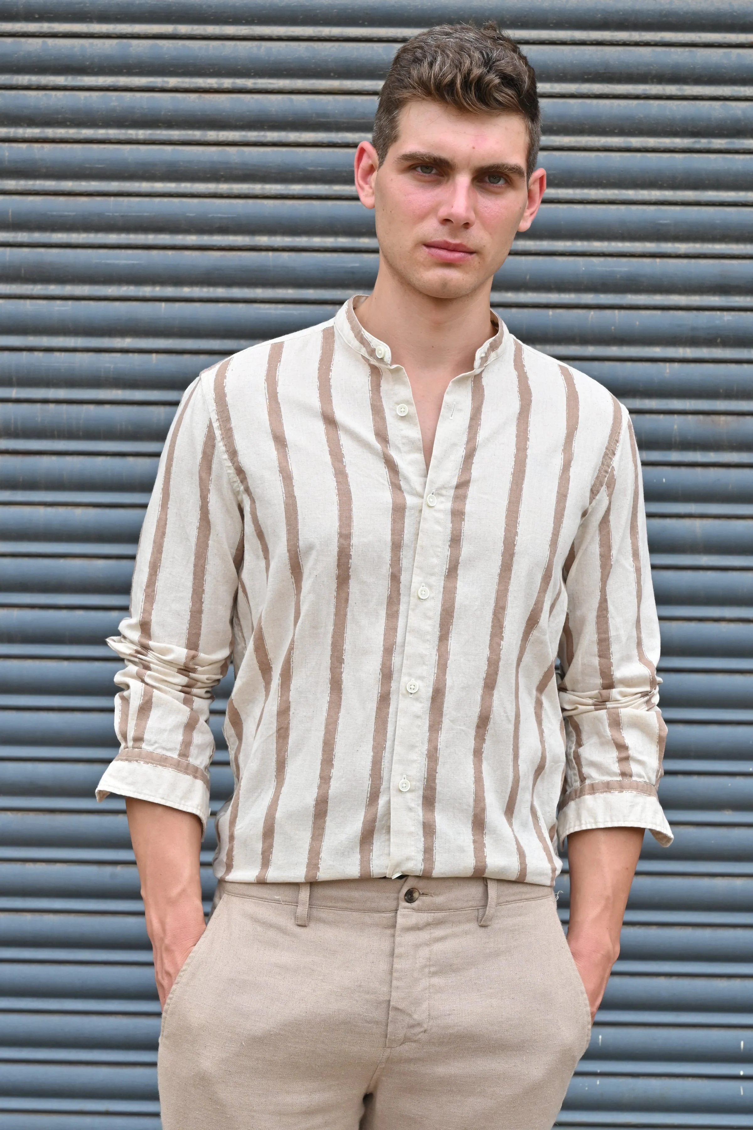 Men Billie Mao Collar Shirt Brown - Image 5