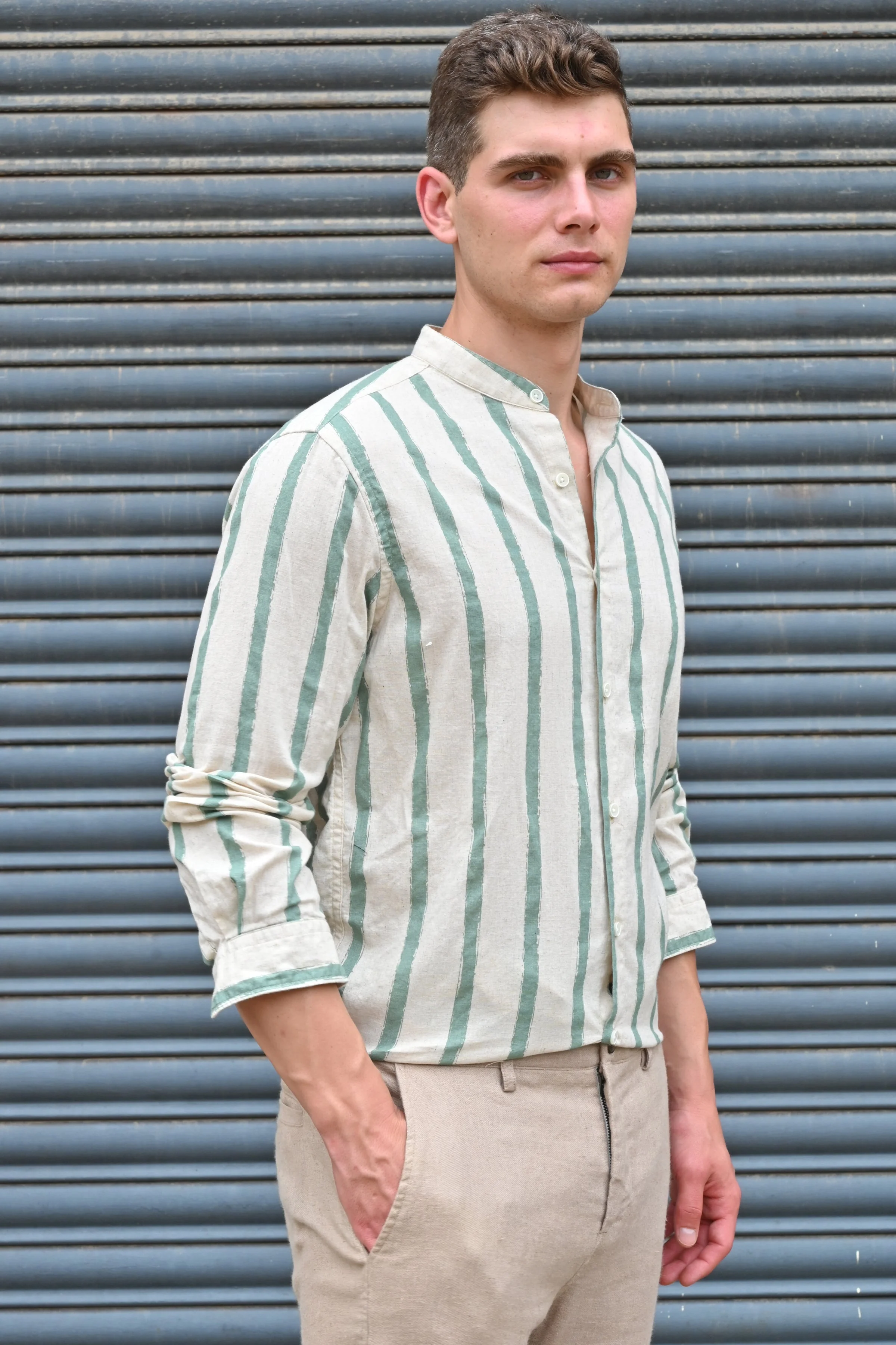 Men Billie Mao Collar Shirt Green - Image 3
