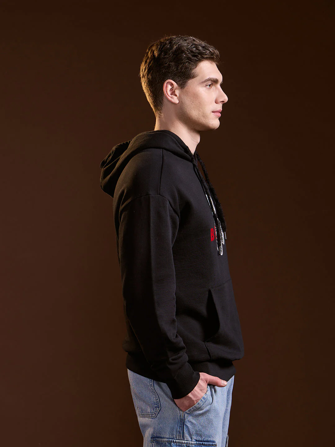 Men Black 3D Graphic Bear Design Relax Fit Hoodie - Image 3