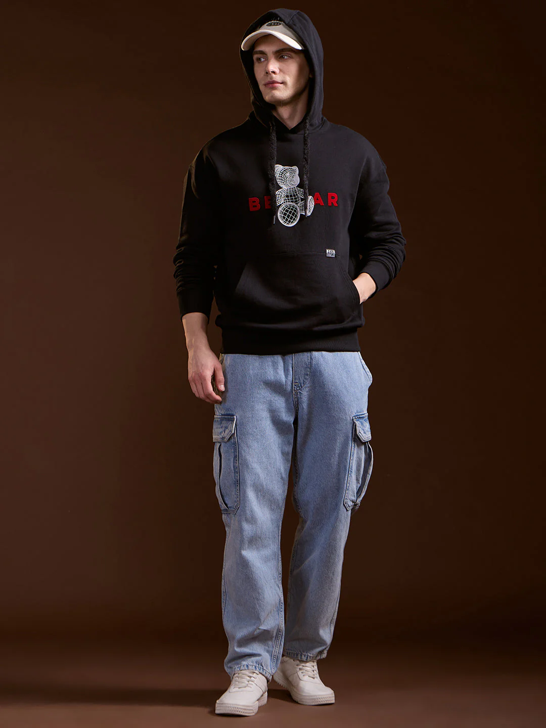 Men Black 3D Graphic Bear Design Relax Fit Hoodie - Image 4