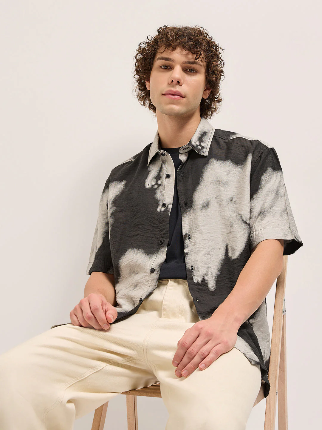 Men Black and Cream Unique abstract tie-dye effect Relax Fit Casual Shirt - Image 3