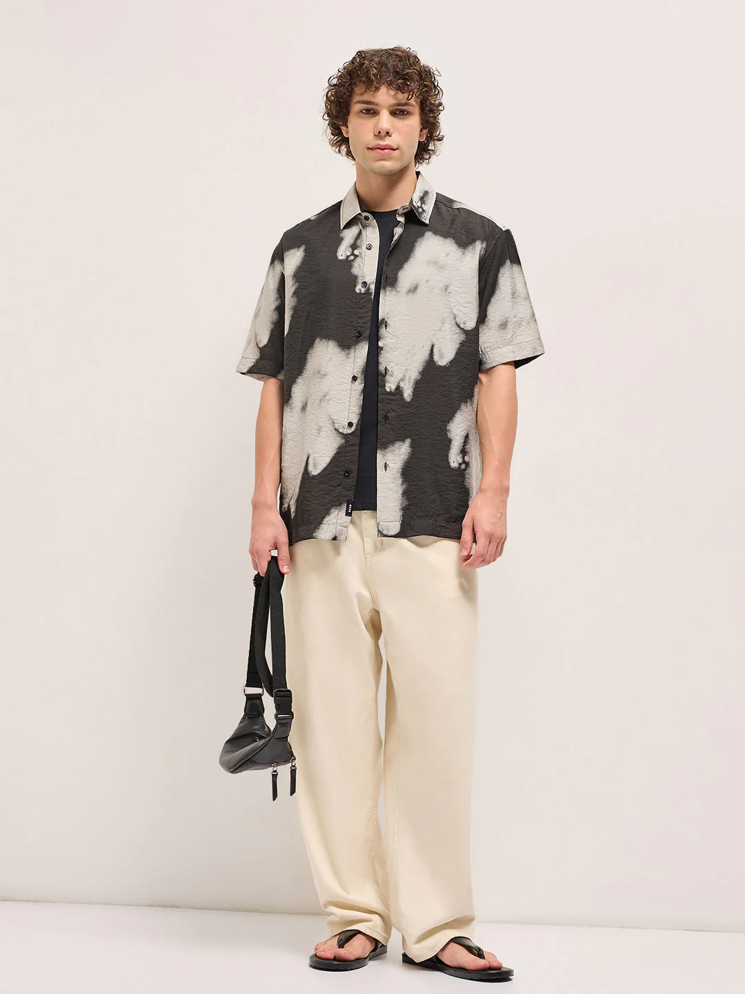 Men Black and Cream Unique abstract tie-dye effect Relax Fit Casual Shirt - Image 6