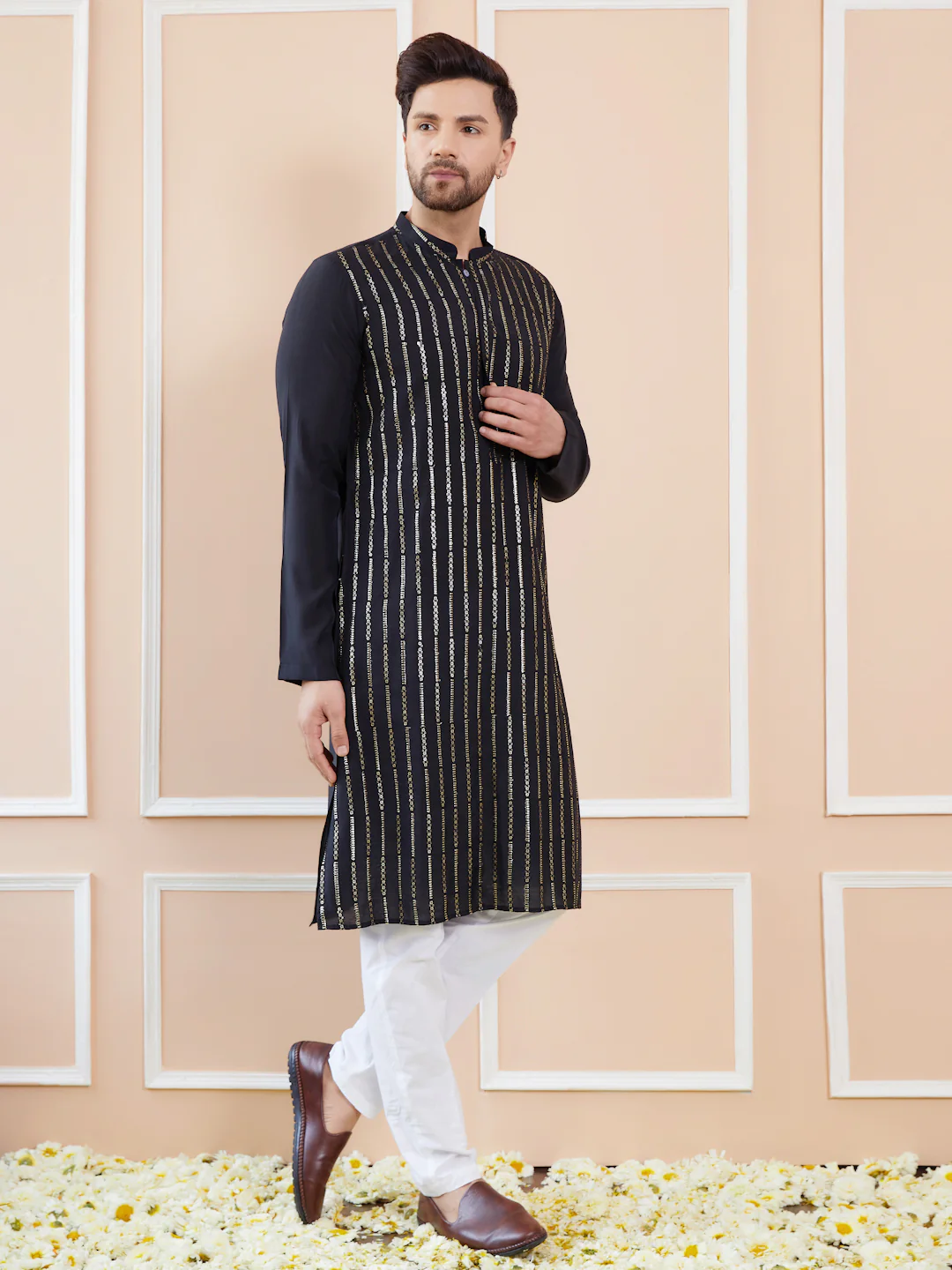 Men Black And Gold Chanderi Silk Sequins Kurta - Image 2